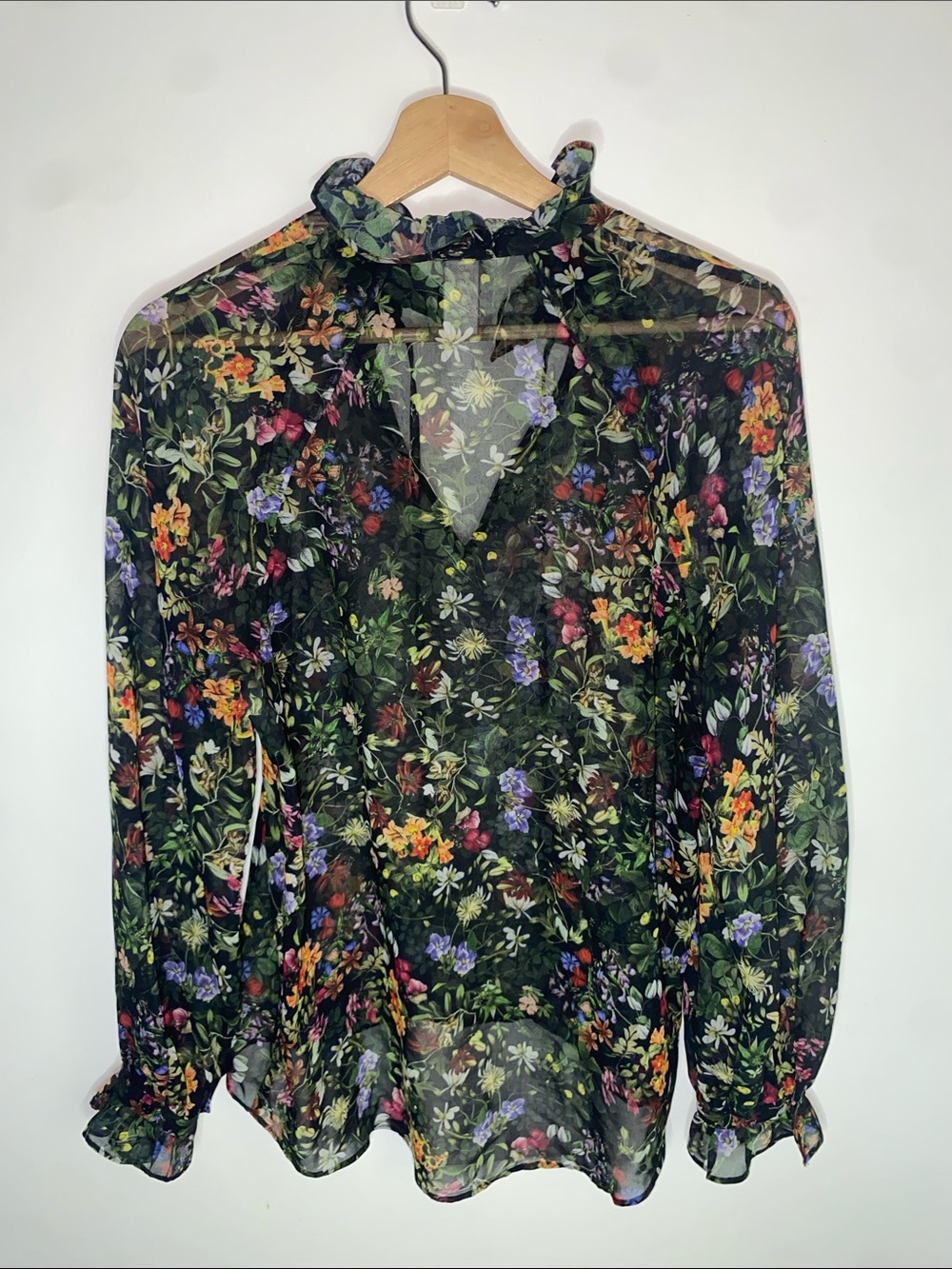 H&M Black Sheer Floral Ruffle-Neck Blouse
